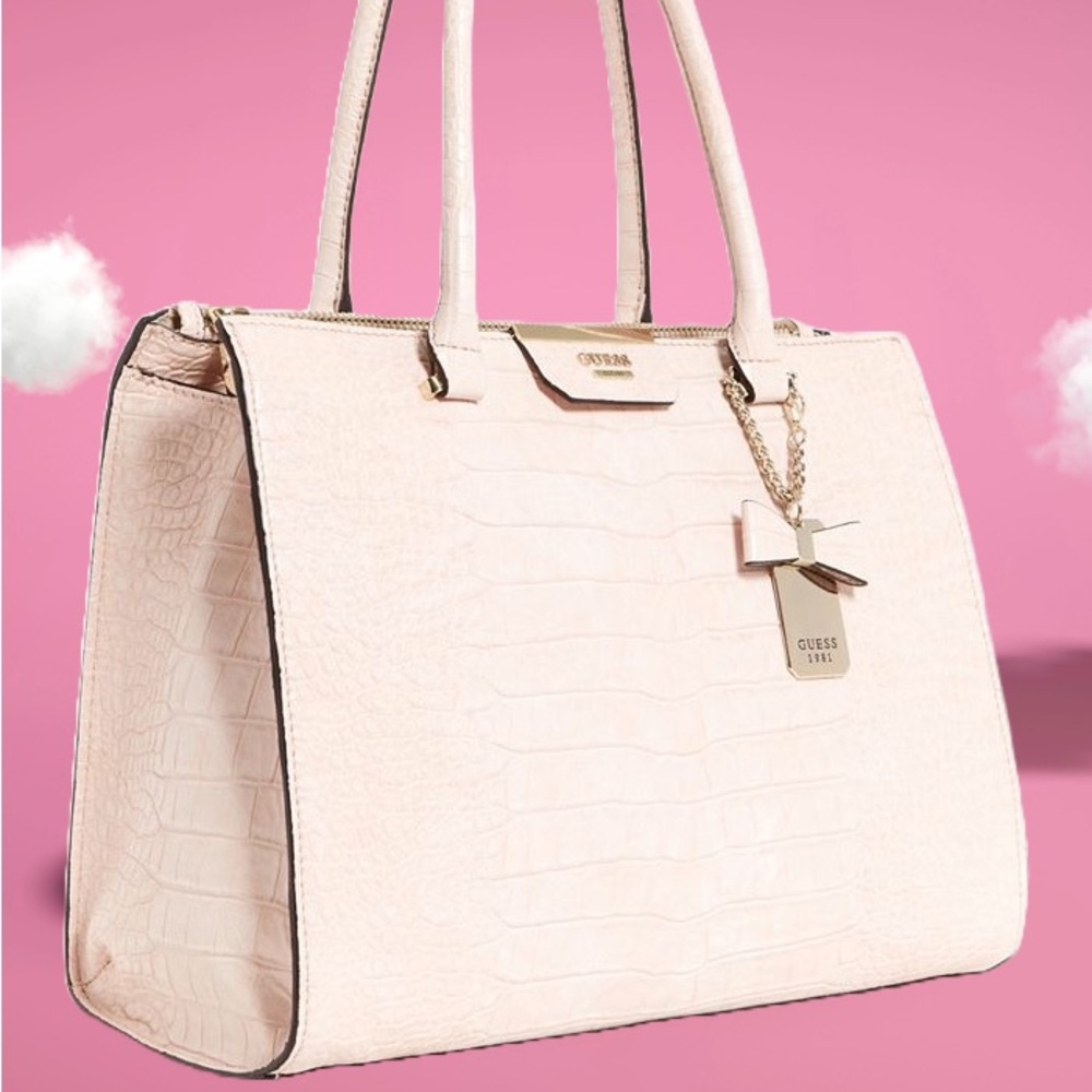 GUESS Baby Pink Alligator Snake Skin Ryann Society Carryall Handbag Purse